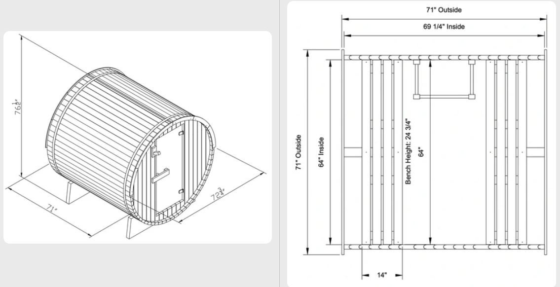 Panoramic Canadian Legacy Red Cedar Barrel Sauna - 6' model for 4-6 People