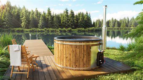 Premium Scandinavian Wood -Fired Eco Hot Tub with Fiberglass Liner, Jets & Light 8-10 person