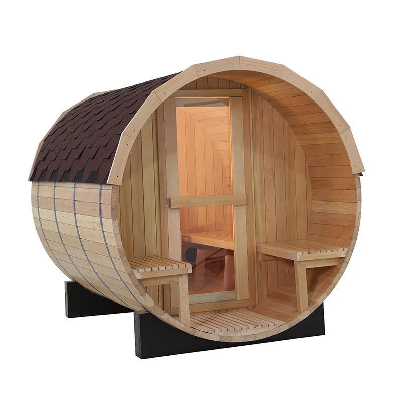 Canadian Legacy Red Cedar Barrel Sauna with Porch 6' x 6'- 2-4 Person