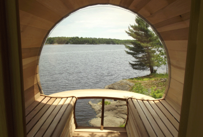 Panoramic Canadian Legacy Red Cedar Barrel Sauna  - 8' model for 6-8 People